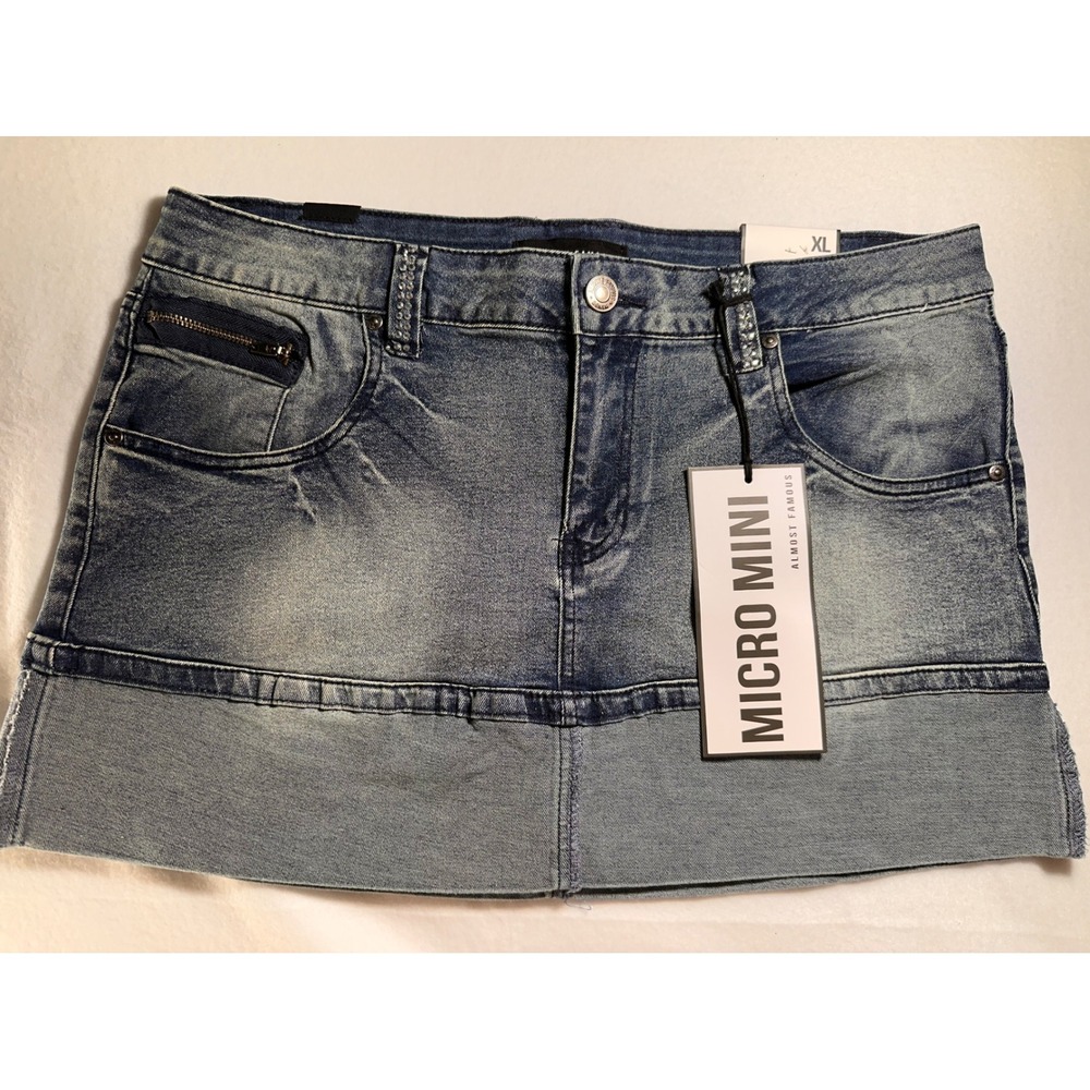 Almost Famous Micro Mini Denim Skirt XL Light Wash Rhinestone Y2K Low Rise NEW
